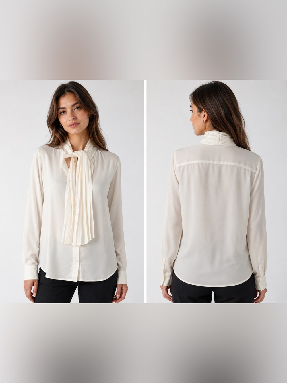 Who What Wear Cream Beige Pleated Scarf Tie Neck Button Down Blouse M Medium